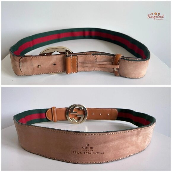 Authentic Gucci Red/Green Web Leather Gold Interlocking G Buckle Belt 90/36 - Picture 8 of 13